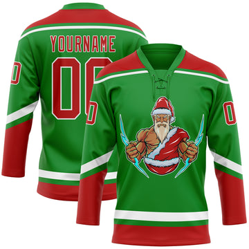 Custom Grass Green Red-White Christmas Santa Claus 3D Hockey Lace Neck Jersey