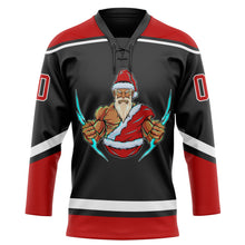 Laden Sie das Bild in den Galerie-Viewer, Custom Black Red-White Christmas Santa Claus 3D Hockey Lace Neck Jersey
