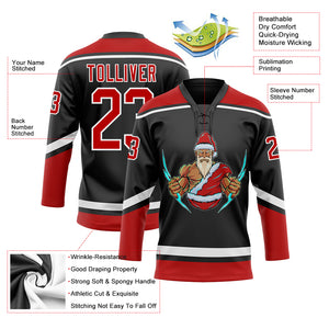 Custom Black Red-White Christmas Santa Claus 3D Hockey Lace Neck Jersey