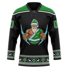 Load image into Gallery viewer, Custom Black Grass Green-White Christmas Santa Claus 3D Hockey Lace Neck Jersey
