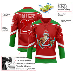 Custom Red Grass Green-White Christmas Santa Claus 3D Hockey Lace Neck Jersey