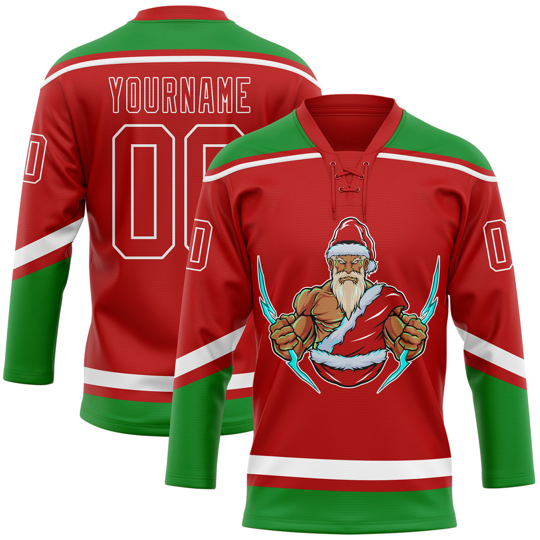 Custom Red Grass Green-White Christmas Santa Claus 3D Hockey Lace Neck Jersey