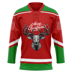 Custom Red Grass Green-White Christmas Reindeer 3D Hockey Lace Neck Jersey