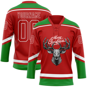 Custom Red Grass Green-White Christmas Reindeer 3D Hockey Lace Neck Jersey