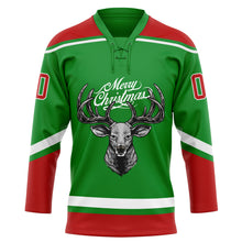 Laden Sie das Bild in den Galerie-Viewer, Custom Grass Green Red-White Christmas Reindeer 3D Hockey Lace Neck Jersey
