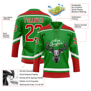 Custom Grass Green Red-White Christmas Reindeer 3D Hockey Lace Neck Jersey