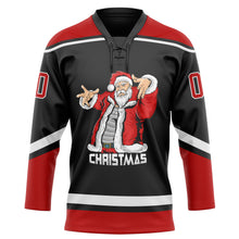 Laden Sie das Bild in den Galerie-Viewer, Custom Black Red-White Christmas Santa Claus 3D Hockey Lace Neck Jersey
