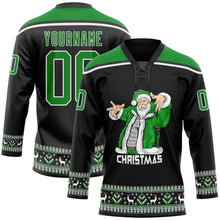 Load image into Gallery viewer, Custom Black Grass Green-White Christmas Santa Claus 3D Hockey Lace Neck Jersey
