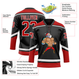 Custom Black Red-White Christmas Santa Claus 3D Hockey Lace Neck Jersey