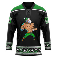 Load image into Gallery viewer, Custom Black Grass Green-White Christmas Santa Claus 3D Hockey Lace Neck Jersey
