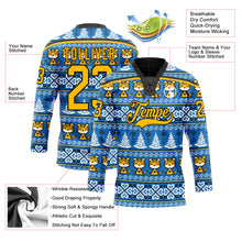 Load image into Gallery viewer, Custom Light Blue Gold-Black Christmas Tree And Tiger 3D Hockey Lace Neck Jersey
