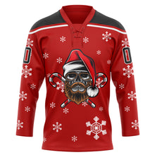 Charger l&#39;image dans la galerie, Custom Red Black-White Christmas Dog Wearing Santa Claus Costume 3D Hockey Lace Neck Jersey
