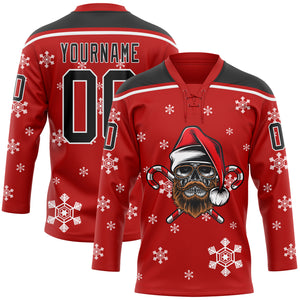 Custom Red Black-White Christmas Dog Wearing Santa Claus Costume 3D Hockey Lace Neck Jersey