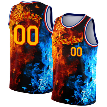 Custom Red Gold-Royal 3D Pattern Design Flame Authentic Basketball Jersey