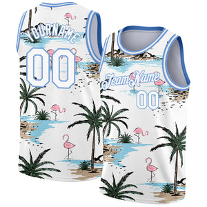 Custom White Light Blue 3D Pattern Tropical Hawaii Palm Trees Authentic Basketball Jersey