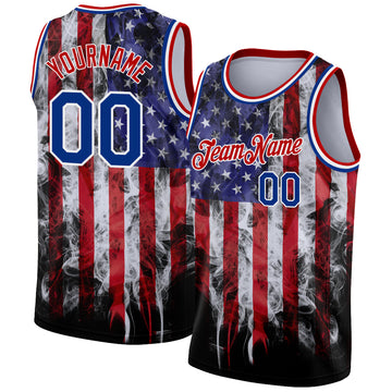 Custom White Royal-Red 3D American Flag Fashion Authentic Basketball Jersey