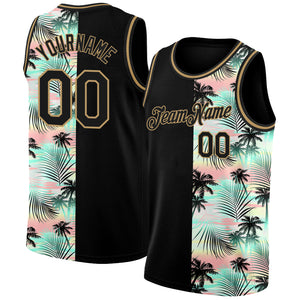 Custom Black Old Gold 3D Pattern Tropical Hawaii Palm Trees Authentic Basketball Jersey
