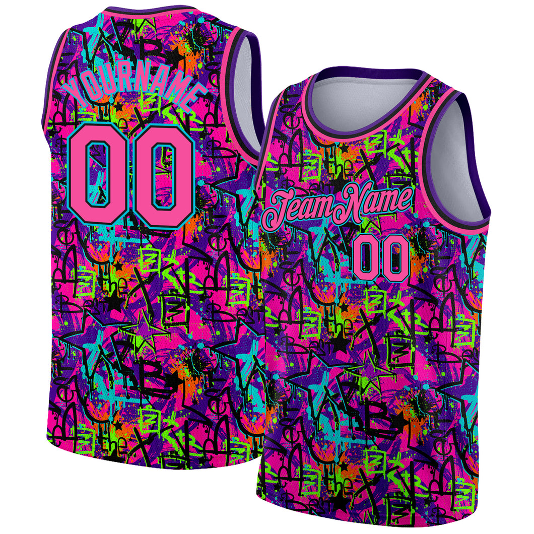 Custom Graffiti Pattern Pink Black-Lakes Blue 3D Grunge Art Authentic Basketball Jersey