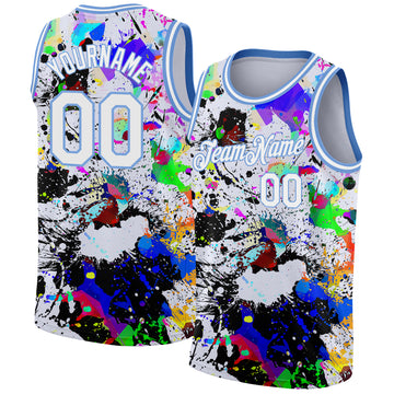 Custom Graffiti Pattern White-Light Blue 3D Grunge Art Authentic Basketball Jersey
