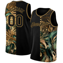 Laden Sie das Bild in den Galerie-Viewer, Custom Black Old Gold 3D Pattern Tropical Hawaii Palm Leaves Authentic Basketball Jersey
