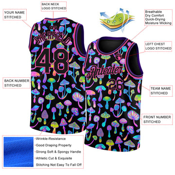 Custom Black Pink 3D Pattern Design Magic Mushrooms Psychedelic Hallucination Authentic Basketball Jersey