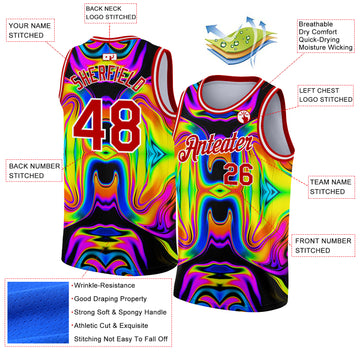 Custom Black Red-White 3D Pattern Design Abstract Iridescent Psychedelic Swirl Fluid Art Authentic Basketball Jersey