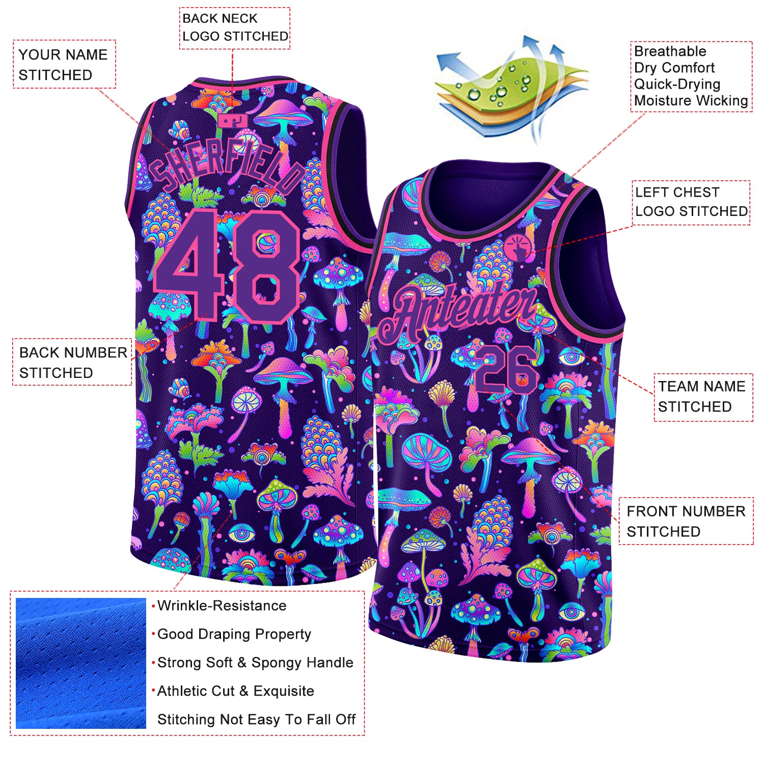 トップス Psychedelic Basketball Jersey unisex Custom Black Red-White 3D Pattern Design Abstract Iridescent