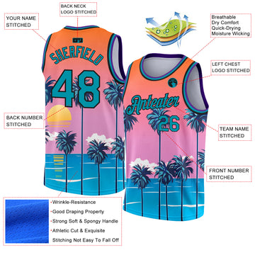 Custom Orange Teal-Black 3D Pattern Sun Beach Hawaii Palm Trees Authentic Basketball Jersey