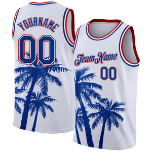 Custom White Royal-Red 3D Pattern Tropical Hawaii Coconut Trees Authentic Basketball Jersey