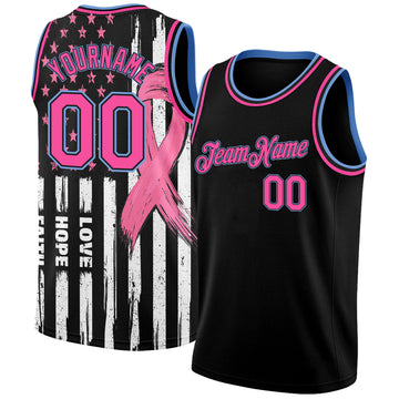 Custom Black Pink-Light Blue 3D American Flag Fashion With Pink Ribbon Breast Cancer Awareness Month Women Health Care Support Authentic Basketball Jersey