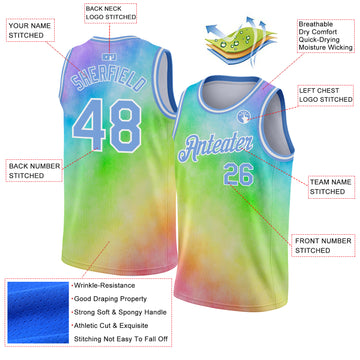 Custom Tie Dye Light Blue-White 3D Rainbow Authentic Basketball Jersey