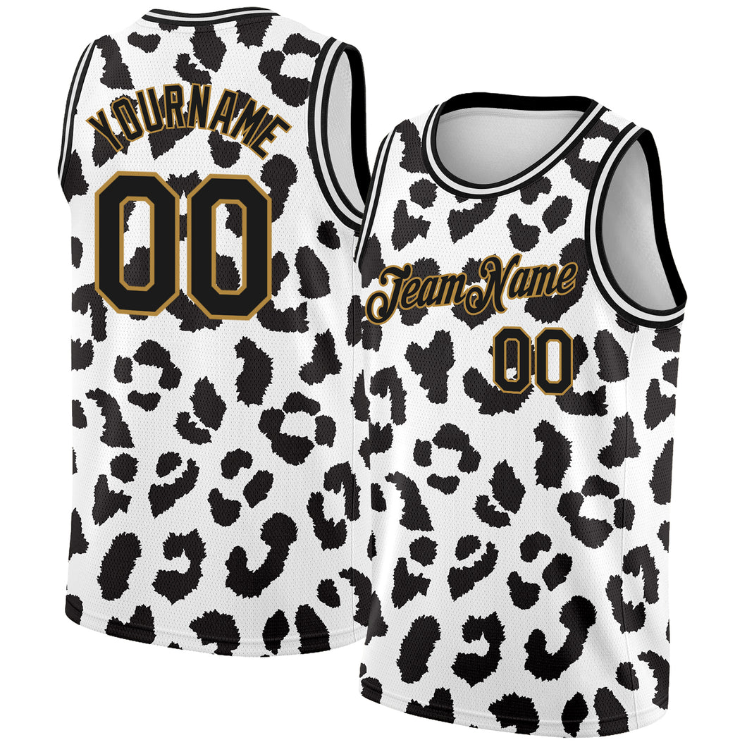 Custom White Black-Old Gold 3D Pattern Design Leopard Print Authentic Basketball Jersey