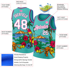 Laden Sie das Bild in den Galerie-Viewer, Custom Aqua Pink Light Blue-Black 3D Pattern Tropical Beach Hawaii Palm Trees Authentic Basketball Jersey
