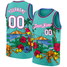 Laden Sie das Bild in den Galerie-Viewer, Custom Aqua Pink Light Blue-Black 3D Pattern Tropical Beach Hawaii Palm Trees Authentic Basketball Jersey

