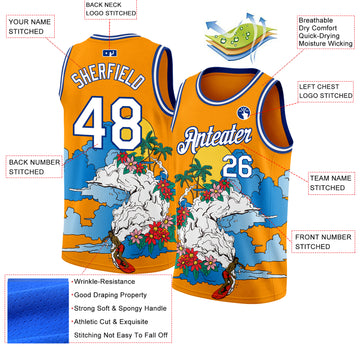 Custom Bay Orange White Navy-Royal 3D Pattern Tropical Beach Hawaii Palm Trees Authentic Basketball Jersey