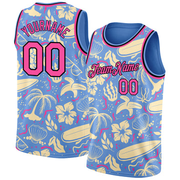 Custom Light Blue Pink-Black 3D Pattern Tropical Hawaii Trees Authentic Basketball Jersey