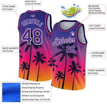 Custom Purple White 3D Pattern Tropical Hawaii Trees Authentic Basketball Jersey