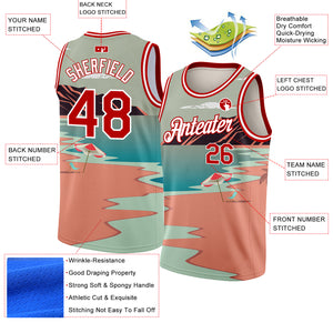 Custom Teal Red-White 3D Pattern Tropical Beach Hawaii Palm Trees Authentic Basketball Jersey
