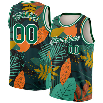 Custom Black Kelly Green-White 3D Pattern Tropical Hawaii Leaves Authentic Basketball Jersey