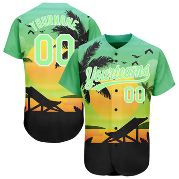 Custom Pea Green Black-White 3D Pattern Design Hawaii Palm Trees And Beach Sunset Authentic Baseball Jersey