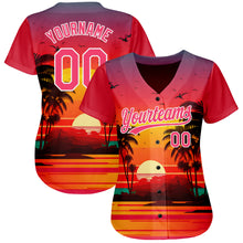 Laden Sie das Bild in den Galerie-Viewer, Custom Neon Pink White 3D Pattern Design Hawaii Palm Trees And Beach Sunrise Authentic Baseball Jersey
