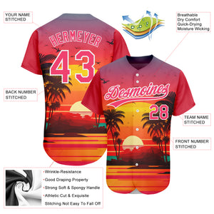 Custom Neon Pink White 3D Pattern Design Hawaii Palm Trees And Beach Sunrise Authentic Baseball Jersey
