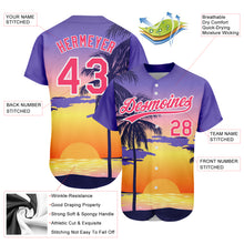 Laden Sie das Bild in den Galerie-Viewer, Custom Purple Neon Pink-White 3D Pattern Design Hawaii Palm Trees And Beach Sunrise Authentic Baseball Jersey
