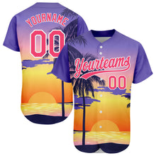 Laden Sie das Bild in den Galerie-Viewer, Custom Purple Neon Pink-White 3D Pattern Design Hawaii Palm Trees And Beach Sunrise Authentic Baseball Jersey
