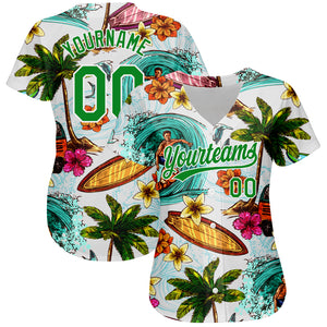 Custom White Grass Green 3D Pattern Design Hawaii Palm Trees And Beach Surfing Authentic Baseball Jersey