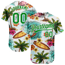Laden Sie das Bild in den Galerie-Viewer, Custom White Grass Green 3D Pattern Design Hawaii Palm Trees And Beach Surfing Authentic Baseball Jersey
