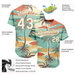 Custom Aqua White-Old Gold 3D Pattern Design Cartoon Hawaii Palm Trees Authentic Baseball Jersey