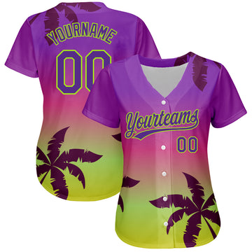 Custom Purple Neon Green 3D Pattern Design Hawaii Palm Trees Authentic Baseball Jersey