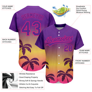 Custom Purple Hot Pink 3D Pattern Design Hawaii Palm Trees Authentic Baseball Jersey