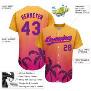 Custom Gold Purple-Hot Pink 3D Pattern Design Hawaii Palm Trees Authentic Baseball Jersey